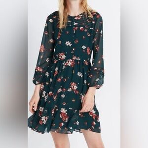 Madewell • Dark Green Floral Chiffon Long Sleeve Mini Dress • Size 2